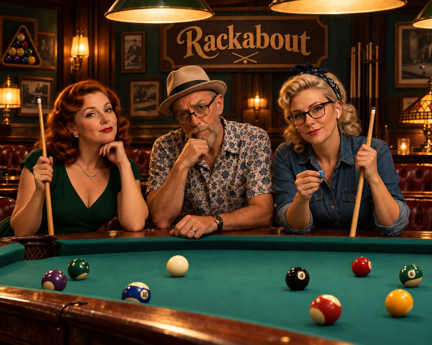Illustration of Anna Sinclaire, Dave Tomczak, and Devyn Vaille gathered at a green-felt pool table in a warmly lit Rackabout billiards room.