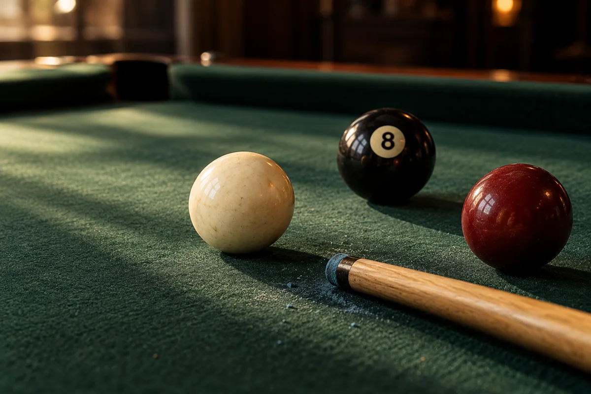 An ivory cue ball, black eight ball, and oxblood ball on green cloth beside a wooden cue.